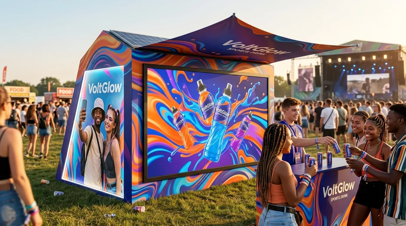 Render ilustrativo: stand de festival con promotores