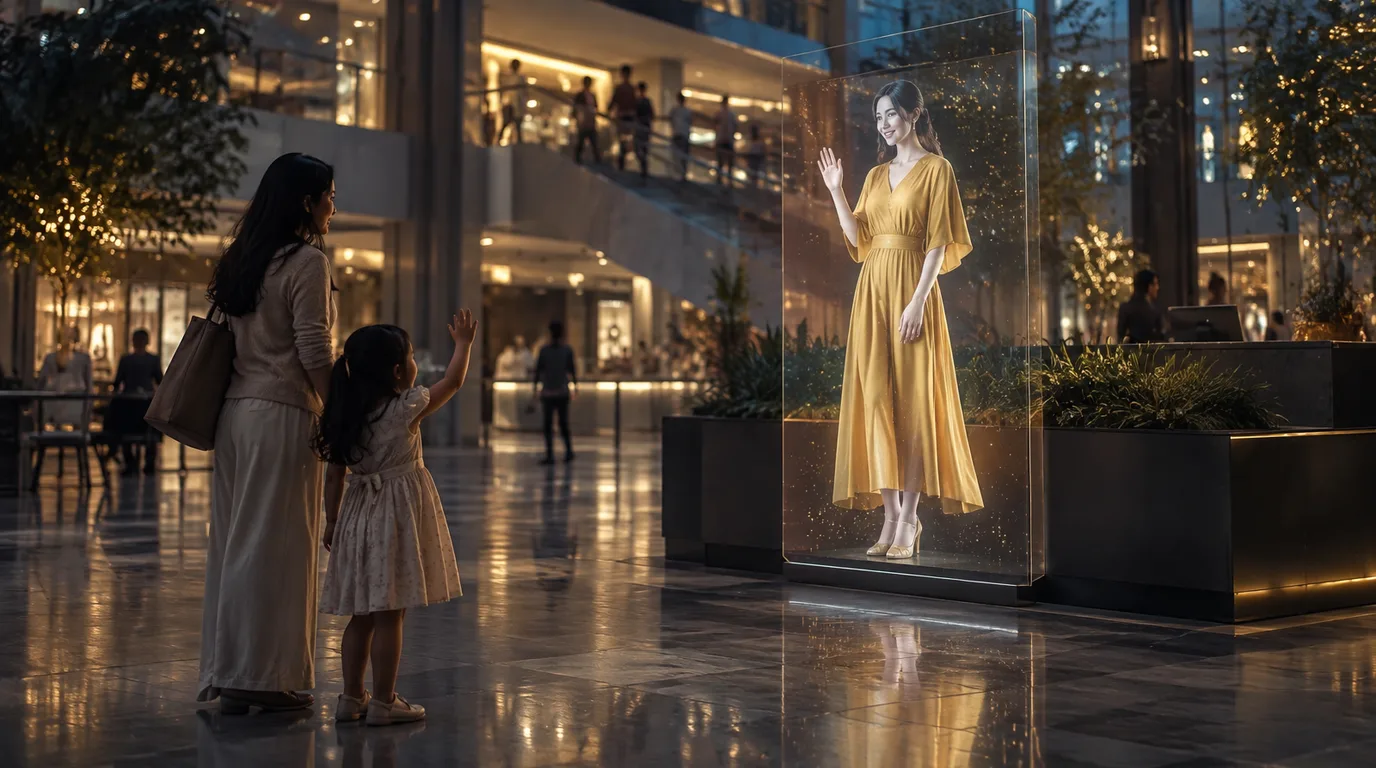 Render ilustrativo: holograma a tamaño real de una vocera saludando a una niña en un centro comercial