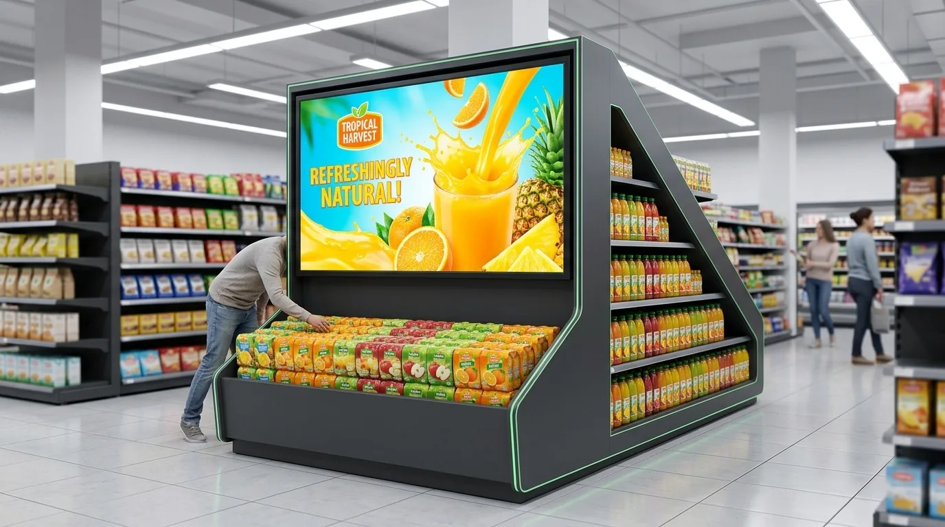 Render ilustrativo: exhibición de productos en supermercado